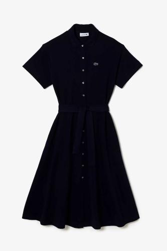 Lacoste γυναικείο midi πόλο πικέ φόρεμα μονόχρωμο με ασορτί ζώνη στην μέση - EF7923 Μπλε Σκούρο 38